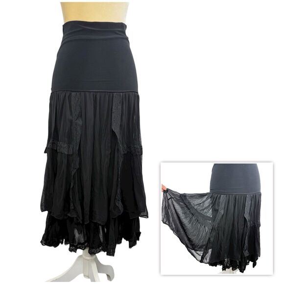 Anonima Black Layered Boho Lace Trim Skirt Size 36 Romantic Gothic Style - Picture 1 of 16